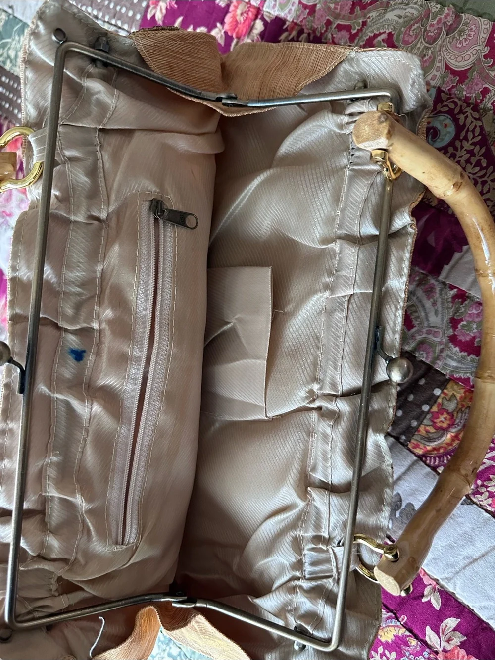 Vintage Embellished Bamboo-Handle Shoulder Bag in Beige